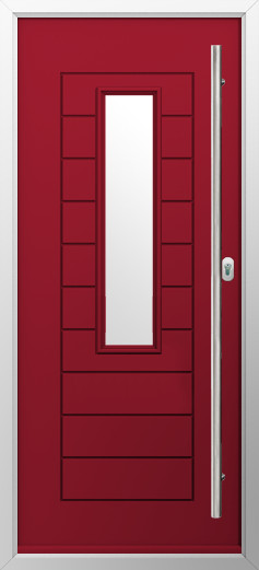 tuscany-composite-door-ruby-red | GFD Homes GFD Homes Red modern door with a tall narrow window and a long vertical metal handle on the right, framed in silver.