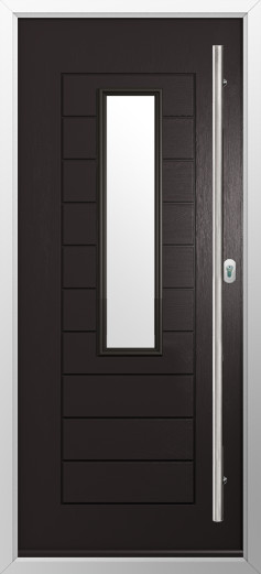 tuscany-composite-door-schwarz-braun | GFD Homes GFD Homes Modern dark brown front door with a tall vertical glass panel and a long silver handle on the right.