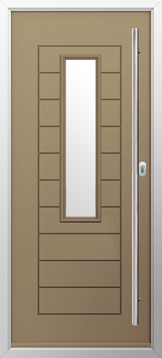 tuscany-composite-door-truffle-brown | GFD Homes GFD Homes Beige front door with a tall vertical glass inset, decorative rectangular panels, and a long silver handle on the right.