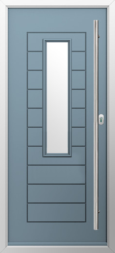 tuscany-composite-door-twilight-grey | GFD Homes GFD Homes Blue front door with a tall narrow glass panel and a long vertical stainless-steel handle on the right.