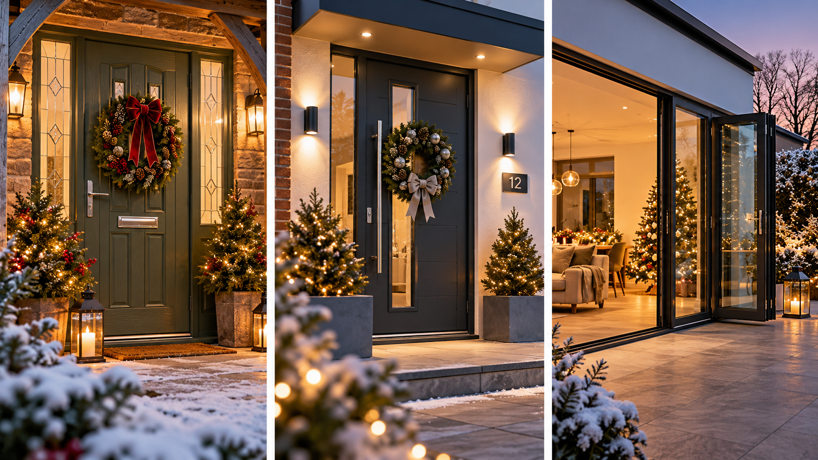 xmasfitgfdh | GFD Homes GFD Homes Modern house entrance with festive wreaths and warm lights along a brick and stone facade; snowy ground at dusk.