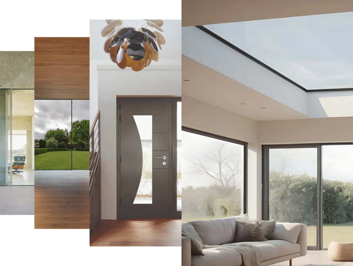 A collage of images showing interior windows, doors and roof lights.