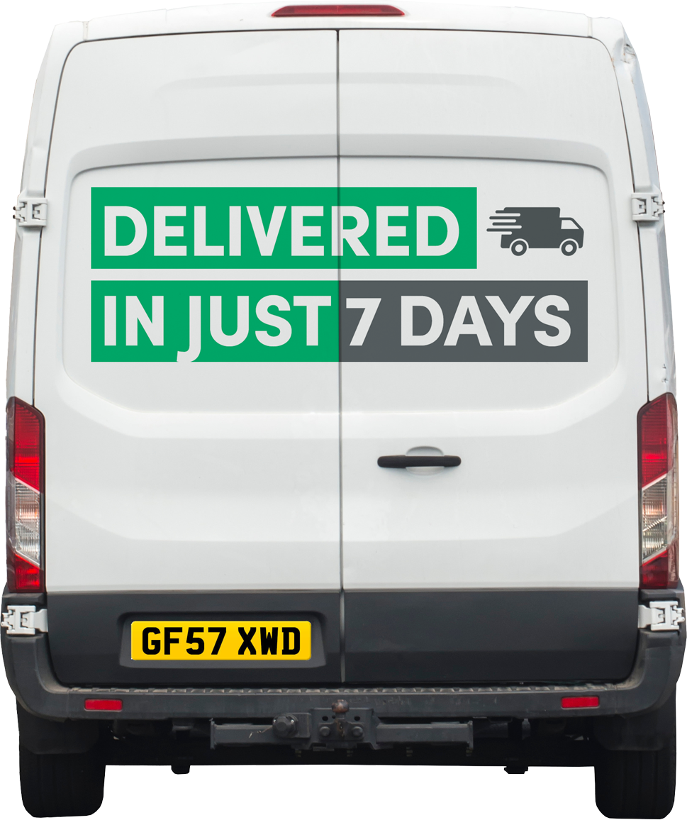 Picture of a White Van with Delivered in Just 7 Days on the back