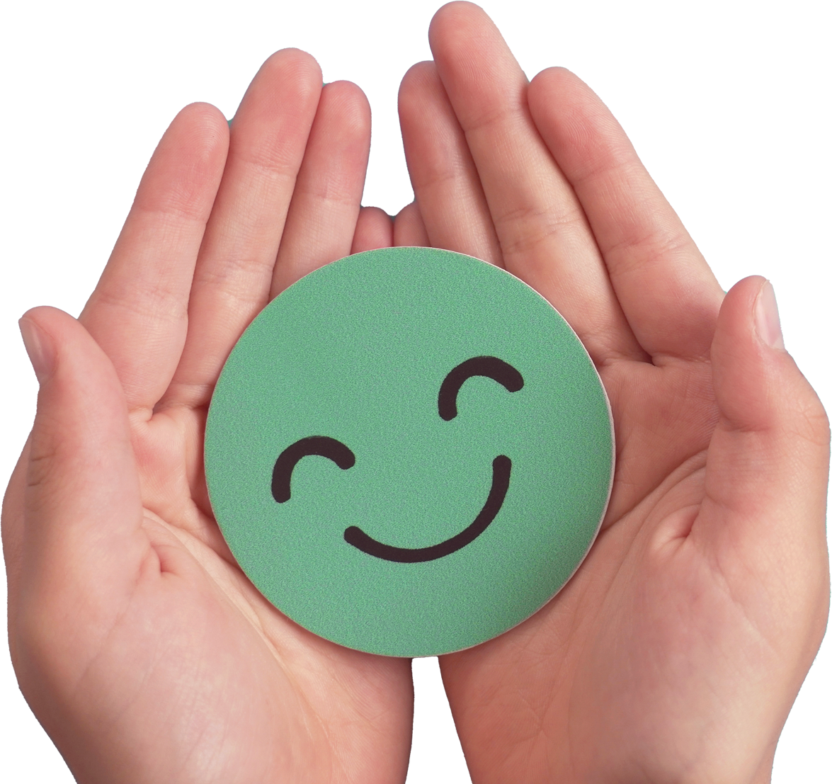 image of hands cupped holding a green puck with a smiling face drawn on.